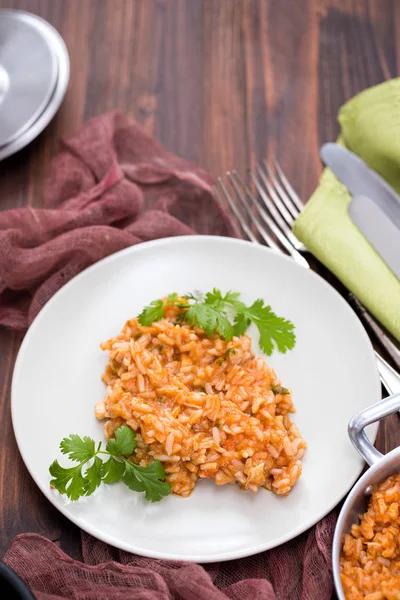 Rice with fish and seafood on plate — Stock Photo, Image