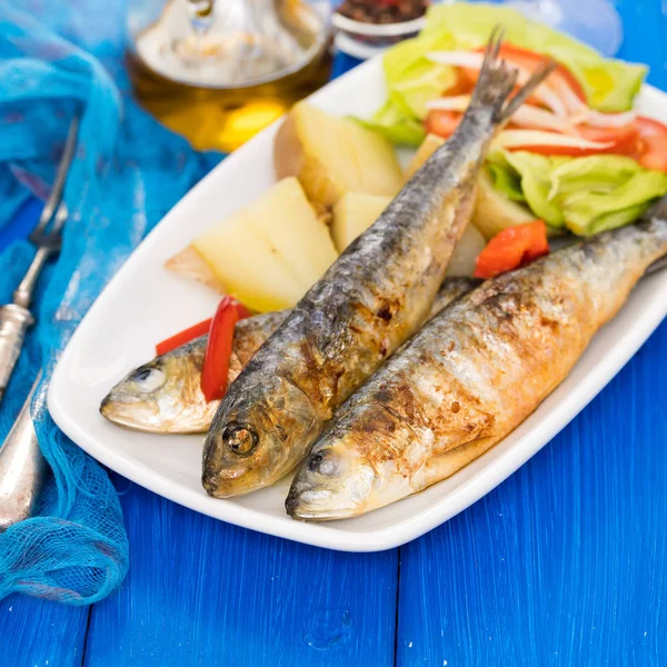 Gegrillte Sardinen mit Salzkartoffeln und Salat auf weißem Teller — Stockfoto