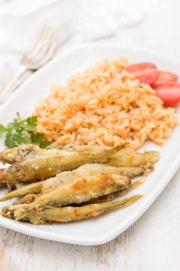 Beyaz tabak domates pirinç ile kızarmış gölde