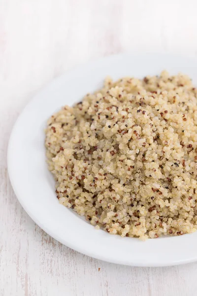 Boiled Quinoa White Plate Wooden Background — Stock Photo, Image