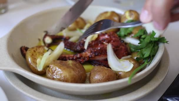 Dish Octopus Potatoes Close — Stock Video