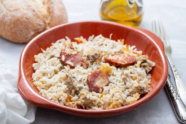 Typical portuguese dish rice with duck and smoked sausage — Stock Photo, Image
