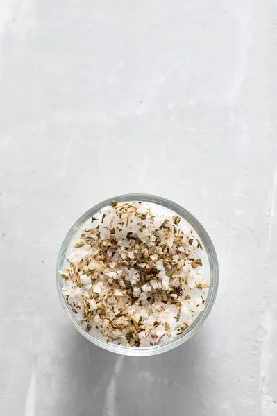 Salt Dry Herbs Small Bowl Ceramic Background — Stock Photo, Image