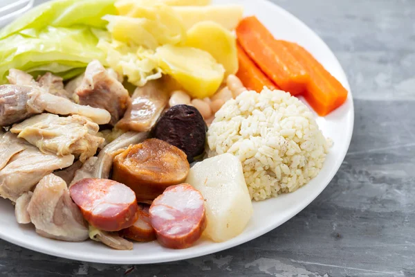Typical Portuguese Dish Boiled Meat Smoked Sausages Vegetables Rice White — Stock Photo, Image