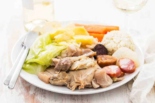 Typical Portuguese Dish Boiled Meat Smoked Sausages Vegetables Rice White — Stock Photo, Image