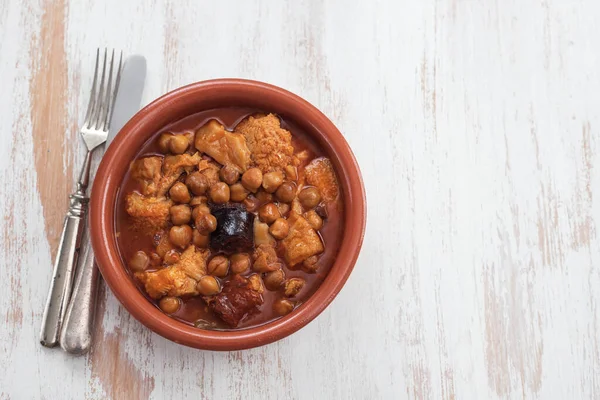 Prato Espanhol Calos Ensopado Tripa Carne Com Grão Bico Morcilla — Fotografia de Stock