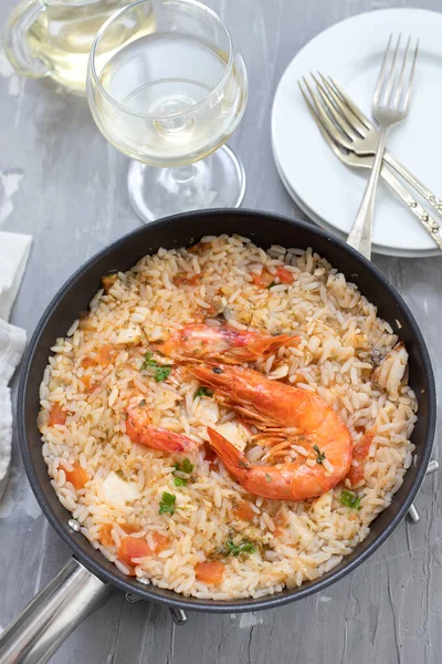Rice Fish Seafood Frying Pan Ceramic Background — Stock Photo, Image