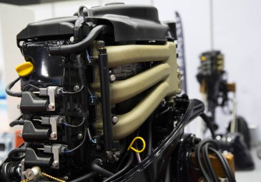 Black Speed boat marine diesel engine ; engineering equipment background clipart