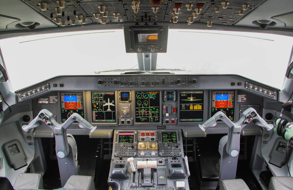 plane interior, cockpit view inside the airliner