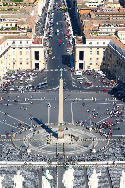 View of the St. Peter's Square and Rome City from the dome of St. Peter's Basilica in Vatican.