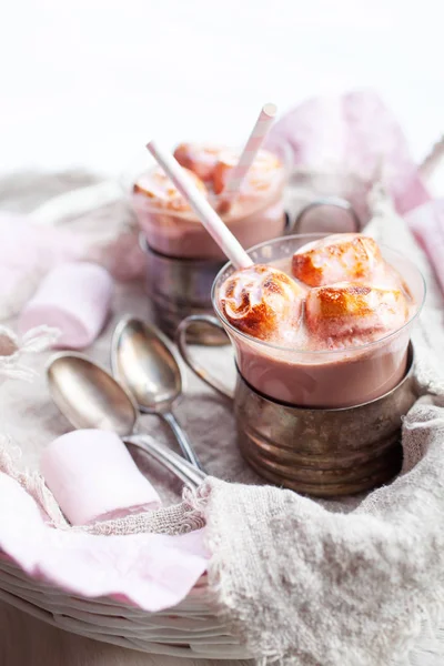 Chocolate with pink marshmallows — Stock Photo, Image