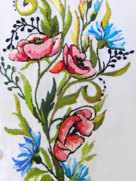 Embroidered Flowers White Background Ethnic Fabric Decor Ukrainian Folk Embroidery — Stock Photo, Image