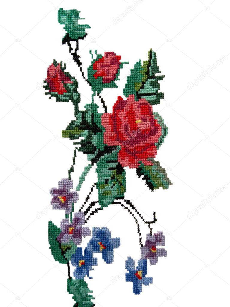 cross stitch delicate roses flowers on a white background, a bouquet of roses, ethnic fabric decor, Ukrainian folk embroidery