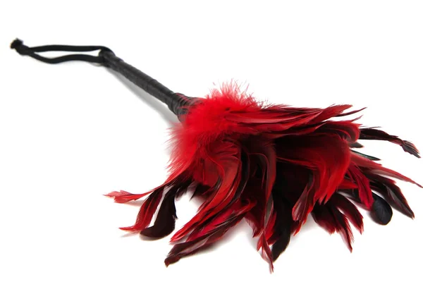 Svart-och-röd Feathered fetisch utrustning isolerad på vita backg Stockfoto