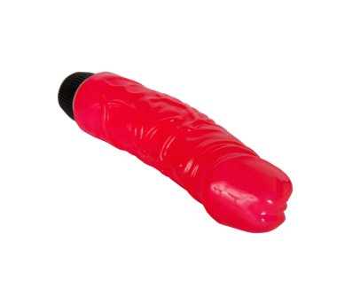 Red sex toy artificial phallus on white 