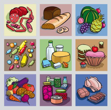 Gıda farklı türleri gösteren çizimler