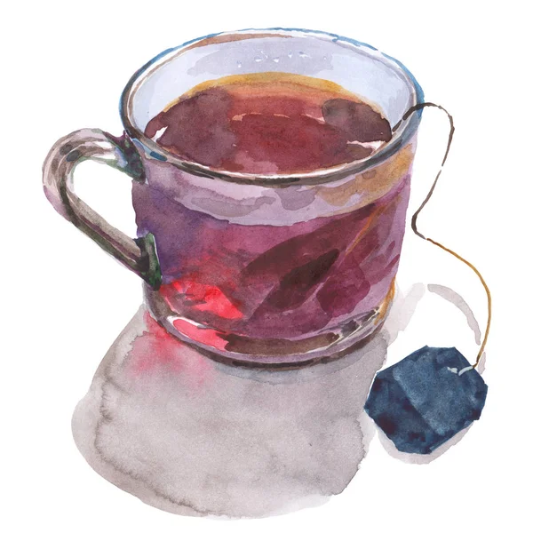 Картина Акварелью Изображением Чашки Чая Чаем Пакетиком Чая — стоковое фото