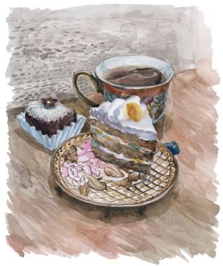 Bir çay Kupası suluboya resim ve pasta bir dilim ile fincan tabağı