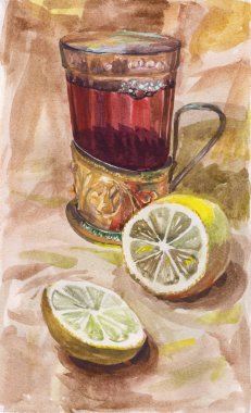 Eski moda bir cam gösteren resim ve kesip limon suluboya