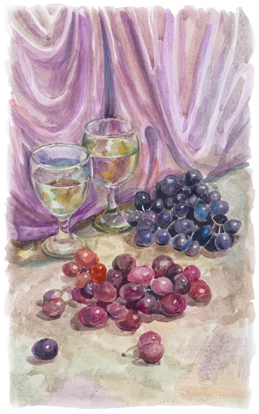 Watercolor drawing depicting two glasses with white wine and a bunch of grapes