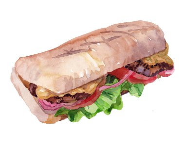 Beyaz zemin üzerinde bir hamburger sulu boya çizim izole görüntü