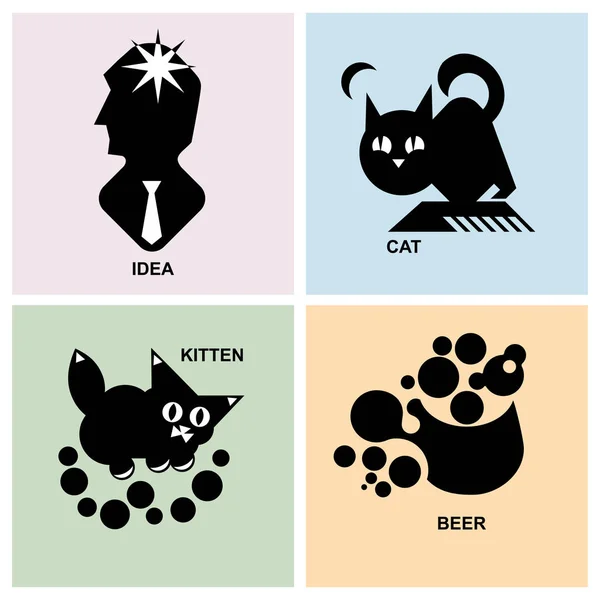Simple Icons Denoting Cat Kitten Idea Mug Beer — Stock Vector