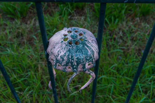 Ornamento de metal en una balaustrada en un pueblo costero, simbólico en — Foto de Stock