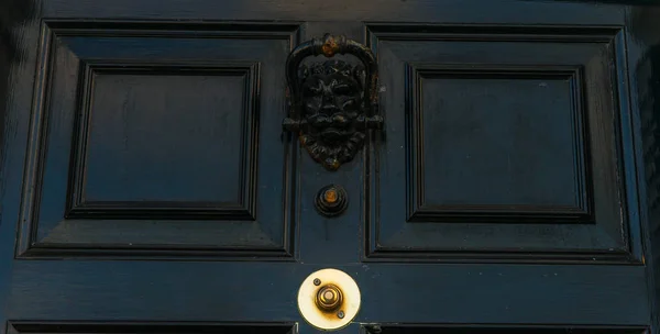 Ușa cu ciocănitor de alamă în formă de cap de leu, frumos — Fotografie, imagine de stoc