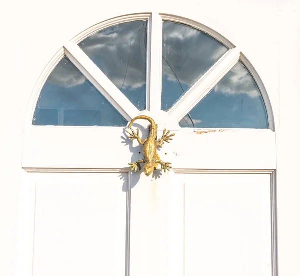 White wooden door to house with a brass knocker shaped like a li — Stock Photo, Image