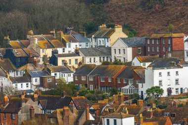 Yeşil yosun kaplı binaların çatıları, sahil spot görülen fr