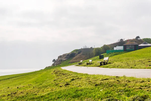 Bancos vacíos en la bahía del océano, vista en el horizonte, verde gras — Foto de Stock