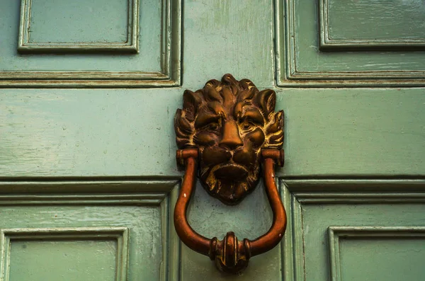 Porta con battente in ottone a forma di testa di leone, bella — Foto Stock