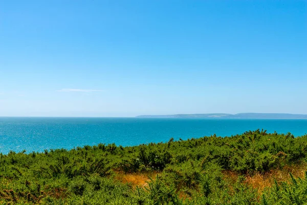 Vista sull'oceano con colline, verde sfondo vegetazione e bella — Foto Stock