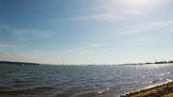 Pebble beach with algae over the ocean, beautiful blue water, waves washing the shore — Stock Video