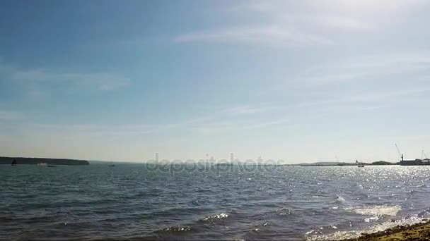 Pebble beach with algae over the ocean, beautiful blue water, waves washing the shore — Stock Video