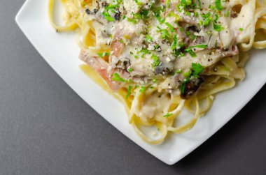 Tagliatelle makarnası, füme jambon ve kızarmış mantar.