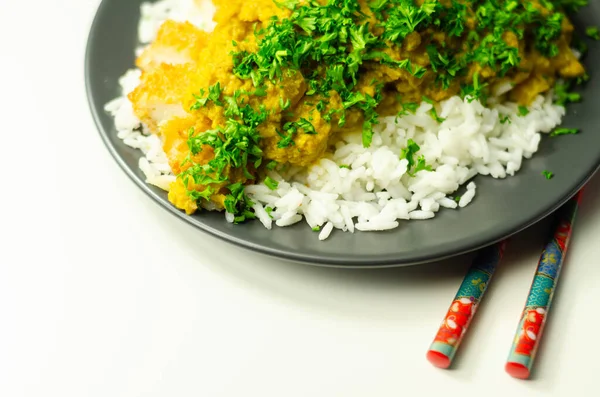 Frango Crocante Empoleirado Com Molho Curry Katsu Aromático Arroz Macio — Fotografia de Stock