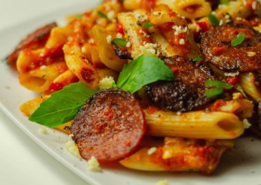 Baharatlı domates soslu Pennette makarna dilimlenmiş pepperoni, mozzarella ve olgun çedar peyniri, İtalyan yemeği.