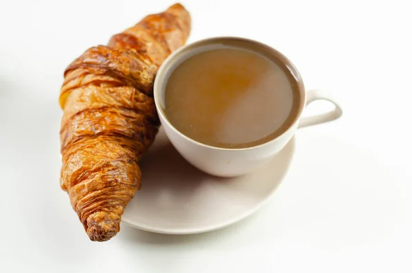 Delicious Croissant Ceramic Saucer Coffee Cup French Breakfast — Stock Photo, Image