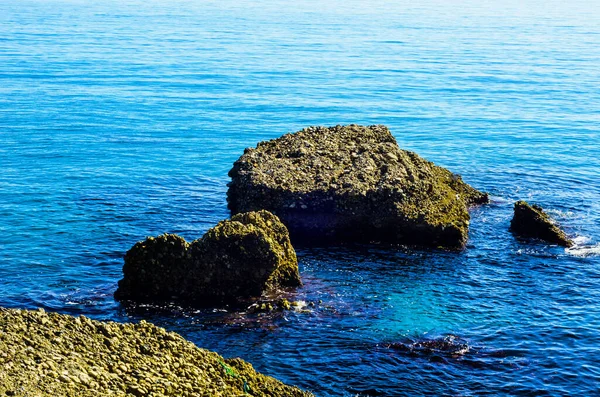 迷人的大海 蓝色的夏波和岩石 悠闲的岩石和水的景色 大自然 — 图库照片