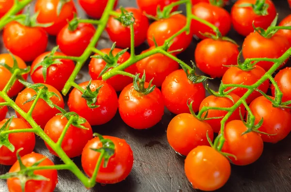 Recouvert Gouttes Eau Tomates Fraîches Avec Des Branches Sur Bois — Photo