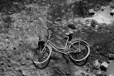 Kanala sepetle bırakılmış bir bisiklet, şehirdeki çevresel kirliliğin tipik bir örneği, çöp.