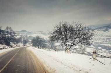 Manzara kış, ağaçlar dağlarla kaplı yolda kar 