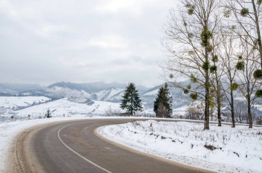 Manzara kış, ağaçlar dağlarla kaplı yolda kar 