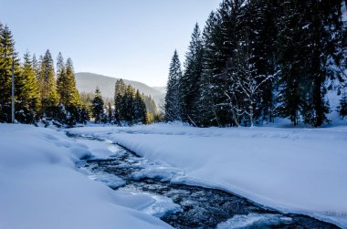 Donmuş nehir kış dağ manzarası, örtülü ile kar flowin