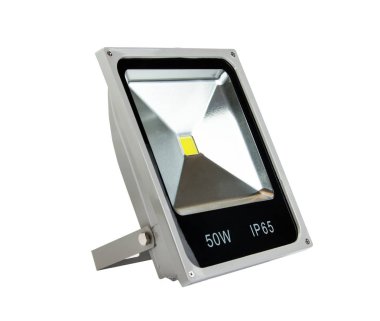 LED ışıklandırma, projektör ışığı, lamba açık, beyaz arka planda izole.