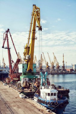 Mavi gökyüzü arka plan üzerinde bağlantı noktası kargo vinç. Liman, Vinç yük vasıl günbatımı için. Ulaşım