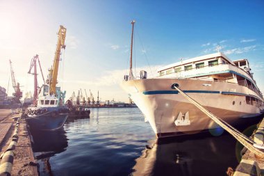 Konteyner kargo gemisi ile çalışma vinç köprü tersane arka plan, yük taşımacılığı, lojistik ithalat ihracat arka plan kavramı içinde. Seaport, günbatımı, gemiler, kargo, musluklar.