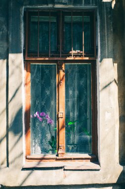 Eski cam kırık boya ile arka plan eski pencere ile vintage tuğla duvar