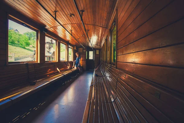 Retro wooden railway carriage at station of Serbia.